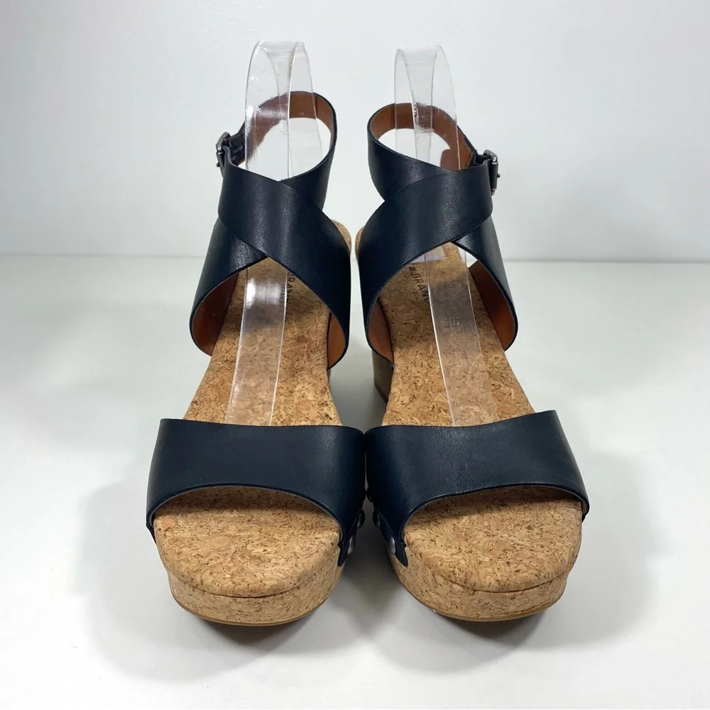 Lucky Brand Missy Black Leather Strappy Studded Cork Platform Wedge Sandals 10